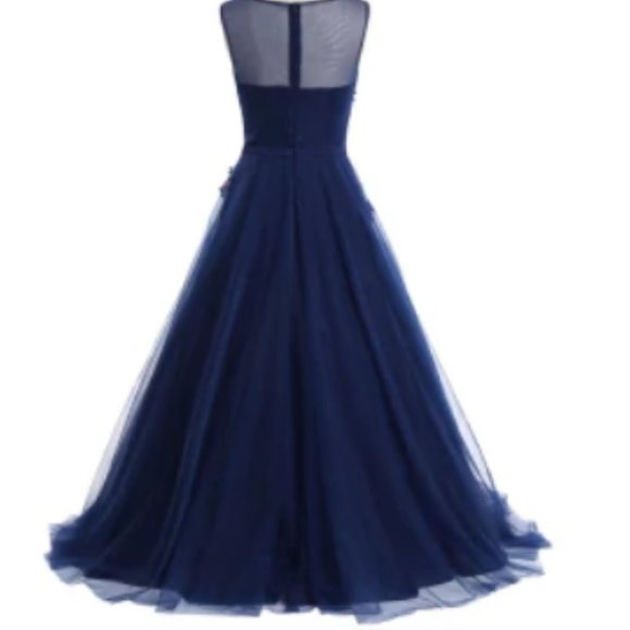 #10 - PURPLISH BLUE Floral Applique Mesh Maxi Prom Evening Dress - Picture 2 of 8